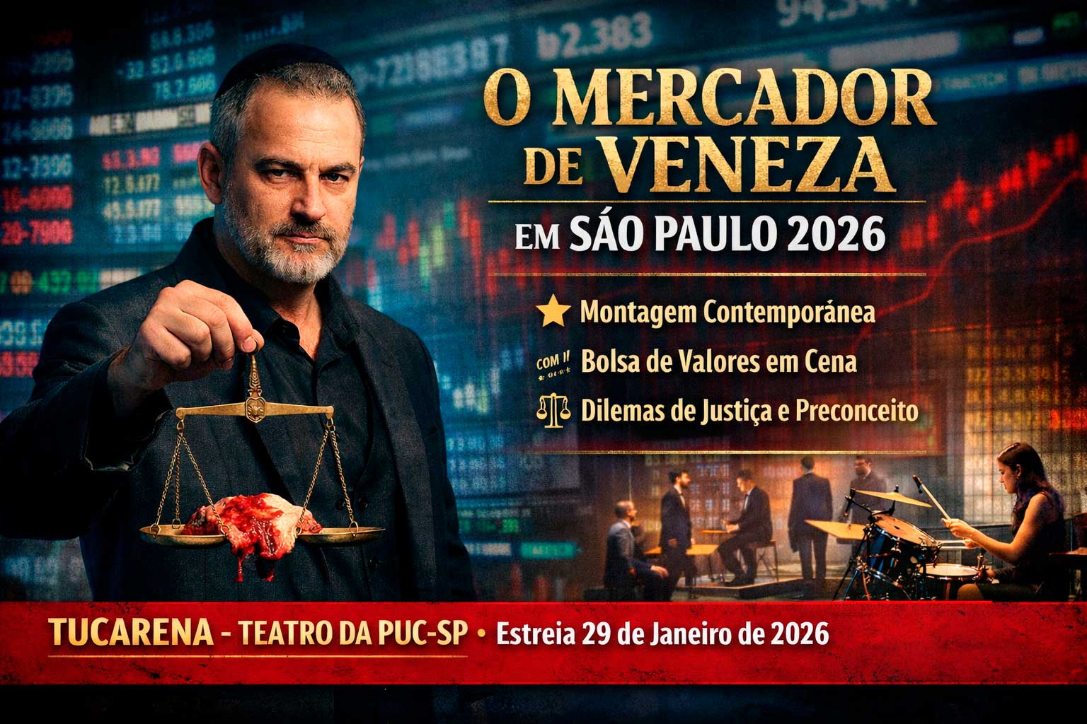 O Mercador de Veneza volta a São Paulo em 2026: montagem contemporânea com Dan Stulbach tem temporada no Tucarena
