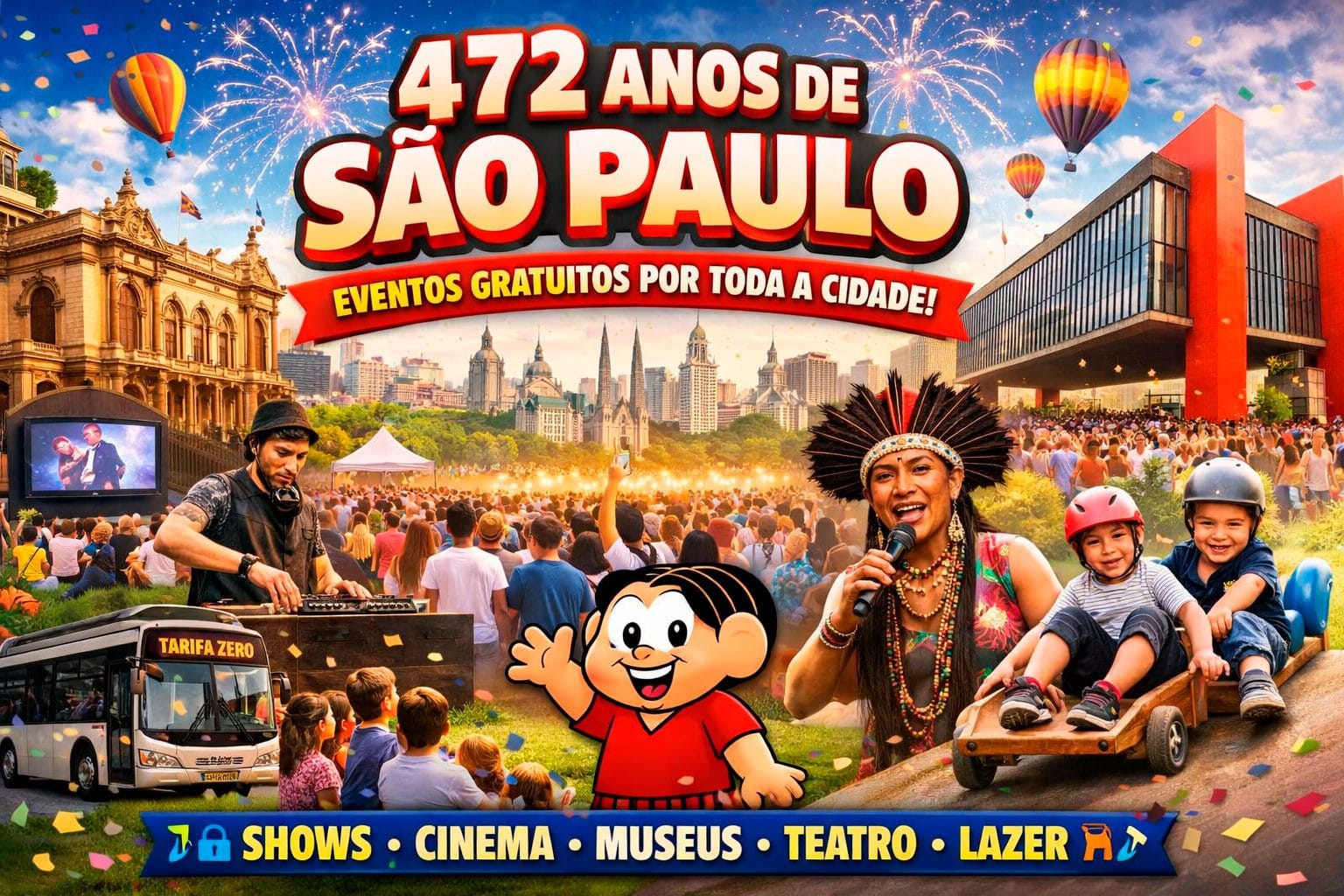 Aniversário de São Paulo (472 anos): guia dos eventos gratuitos neste domingo, 25 de janeiro de 2026 - shows, cinema, museus e atividades pela cidade