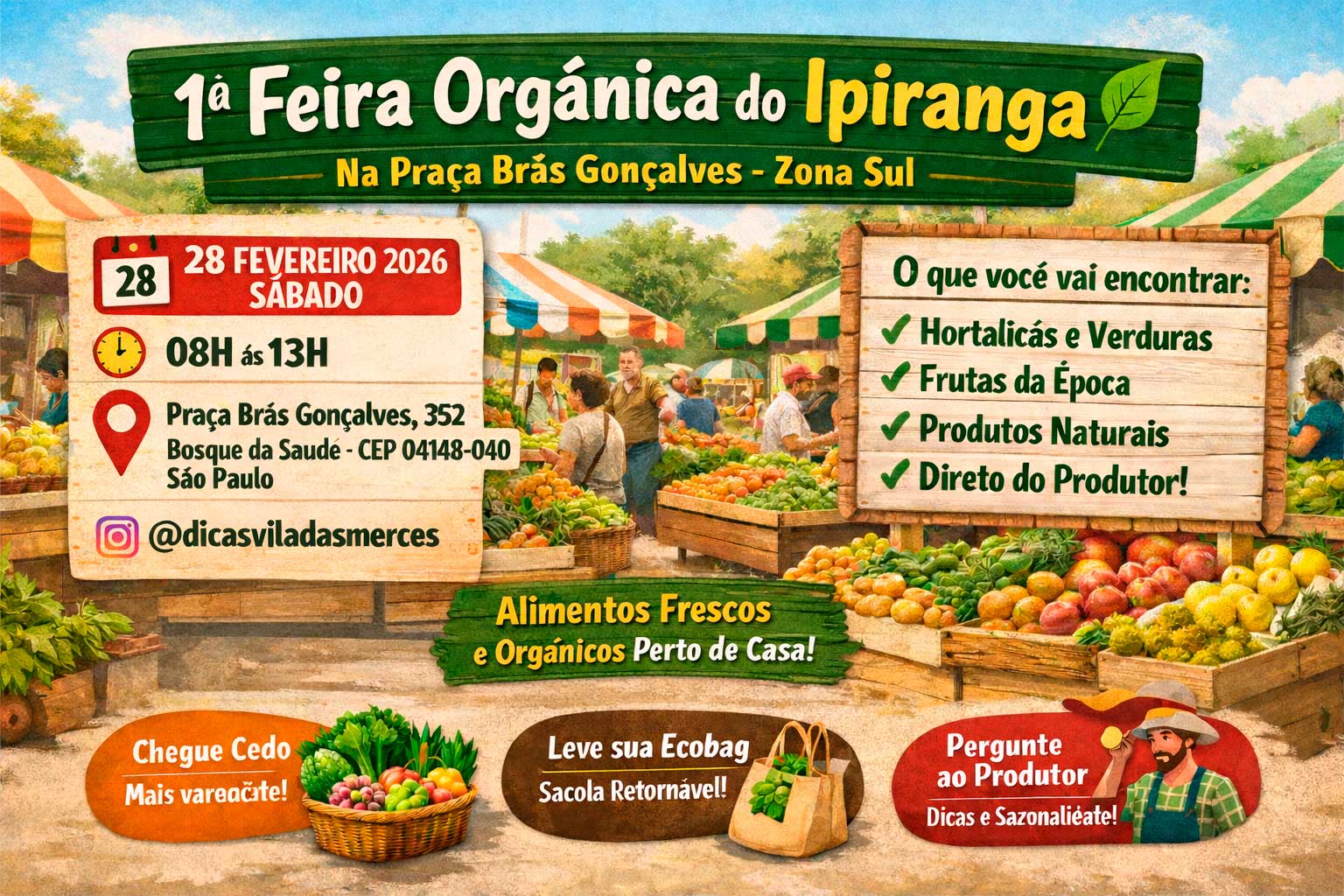 1ª Feira Orgânica do Ipiranga estreia na Praça Brás Gonçalves e leva alimentos frescos ao coração da Zona Sul