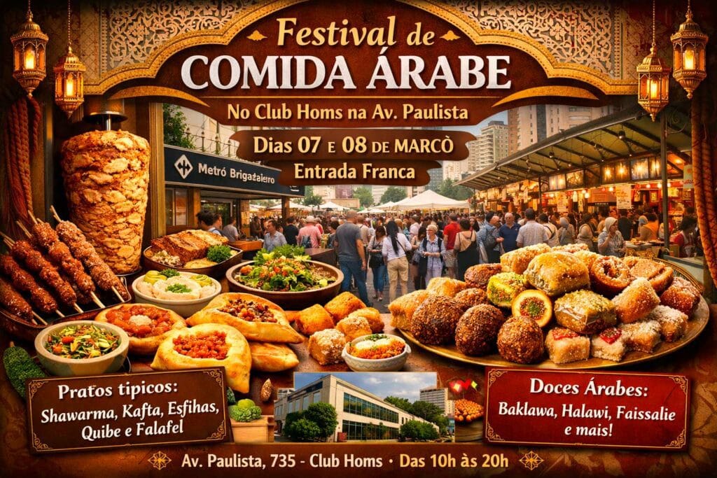 Festival de Comida Árabe na Avenida Paulista: evento gratuito no Club Homs reúne chefs, clássicos do Oriente Médio e doces típicos em março