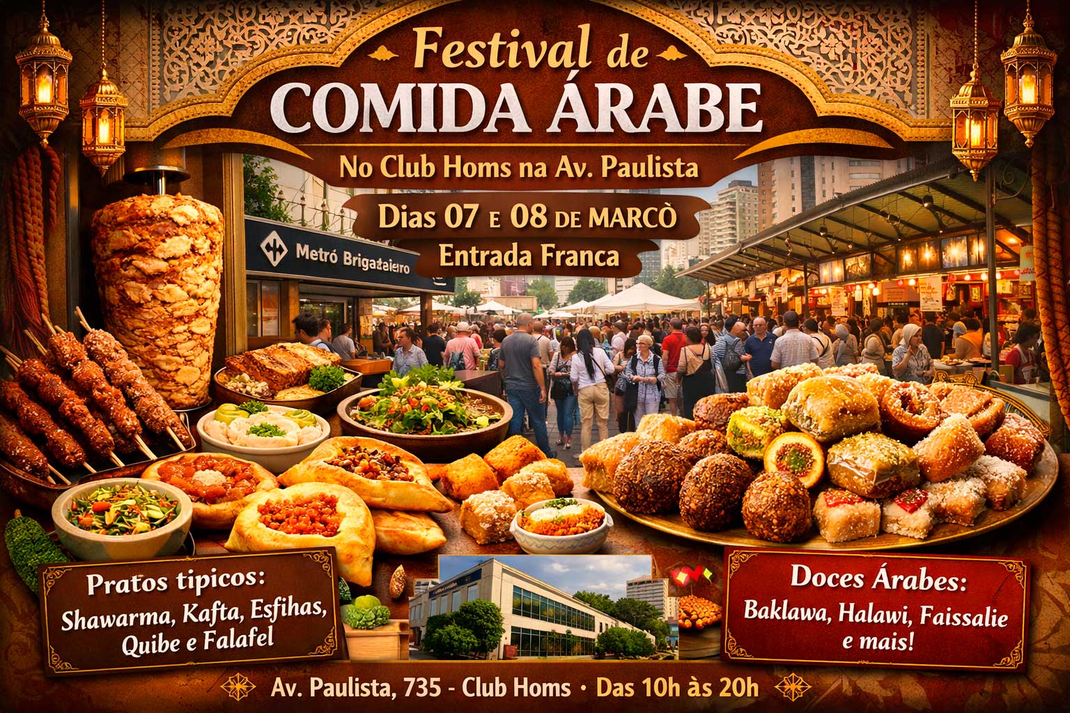 Festival de Comida Árabe na Avenida Paulista: evento gratuito no Club Homs reúne chefs, clássicos do Oriente Médio e doces típicos em março