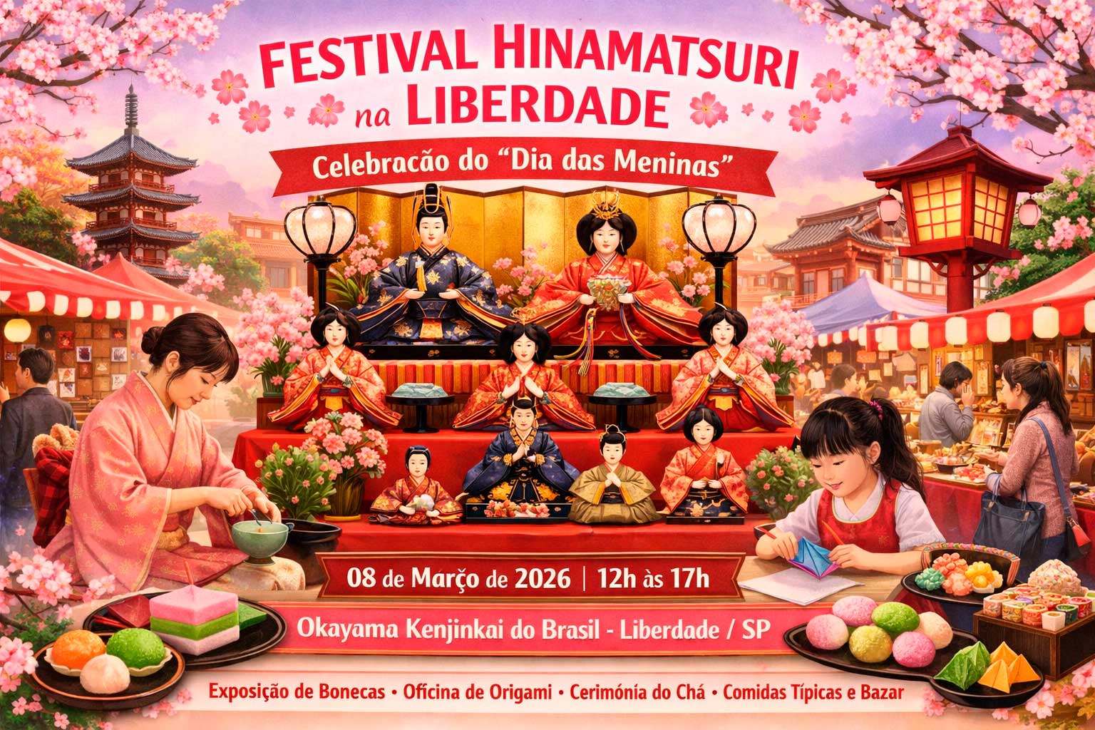 Festival Hinamatsuri na Liberdade: evento gratuito celebra o “Dia das Meninas” com bonecas tradicionais, origami e cerimônia do chá